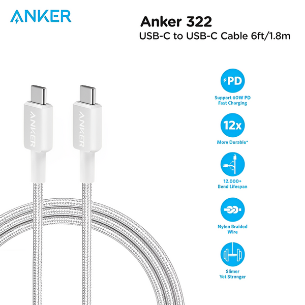 ANKER 322 USB-C TO USB-C CABLE - 1.8M WHITE